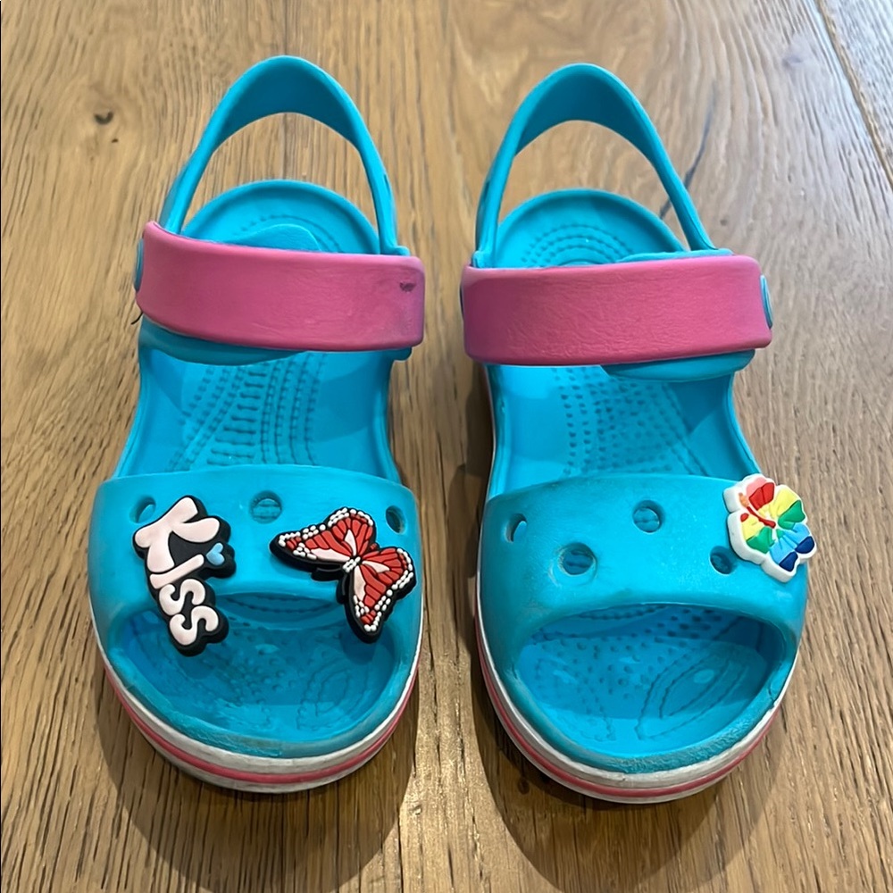 Crocs Girls Toddler Crocband Slip on Sandals, Teal Blue and Pink, Size 12